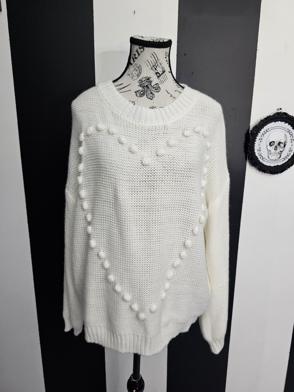 Pom-Pom Heart Knit Sweater - Crew Neck